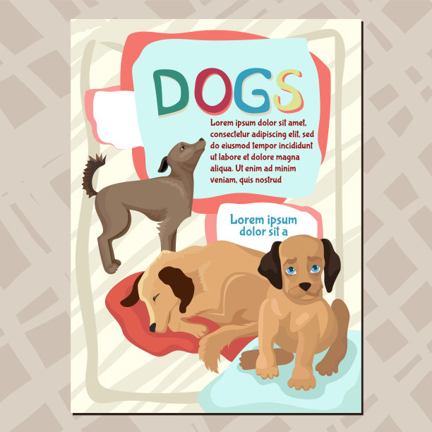 有狗的插图的传单，一只小狗和睡觉的狗。矢量图图片下载