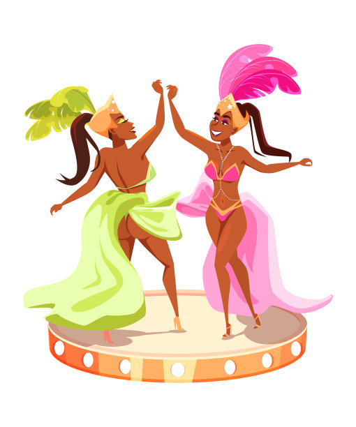 广受欢迎的巴西狂欢节活动广告海报元素。卡通女性穿着节日服装跳舞。舞台在鼓的形状。矢量插图。图片下载