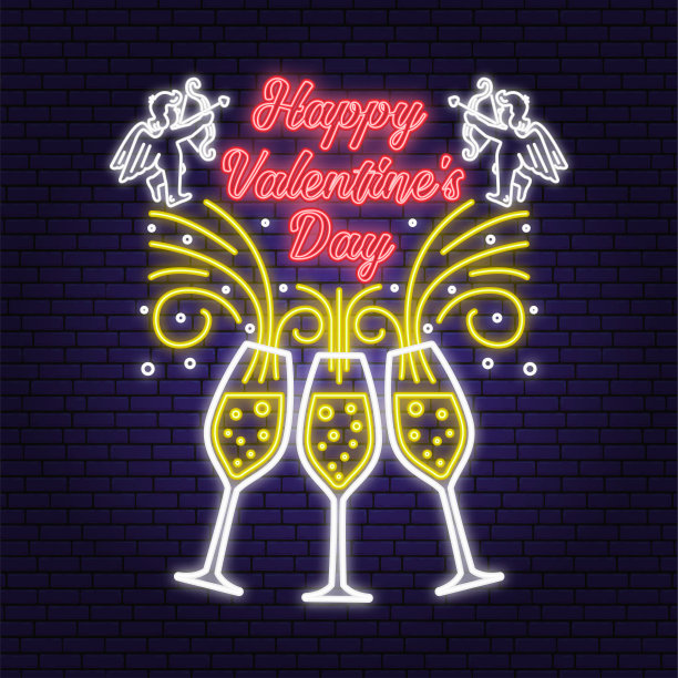 情人节快乐霓虹贺卡，传单，海报。邮票，徽章，贴纸，印有香槟杯和小天使的卡片。向量。情人节霓虹亮招牌，光横幅图片下载