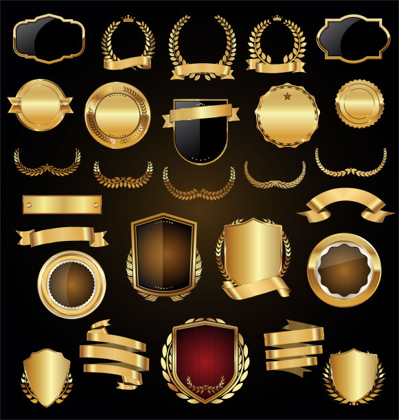 金徽章、桂冠和绶带的集合图片下载