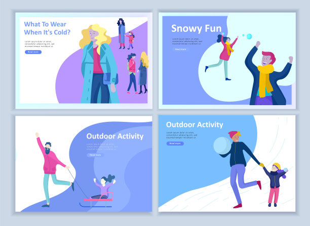 登陆页面模板集。人们穿着冬装或外衣表演户外活动，其乐无穷。雪节，滑雪橇或滑雪板。圣诞全家滑雪滑冰，极速滑雪图片下载