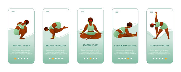 瑜伽站立和坐姿的移动应用程序屏幕矢量模板。Bodypositive女性。用平面字符演练网站步骤。UX, UI, GUI智能手机卡通界面概念图片下载