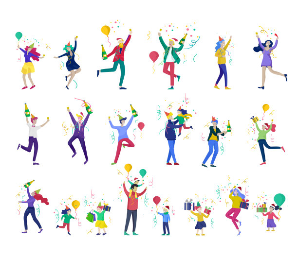 圣诞节快乐，一起庆祝快乐。一群戴着圣诞老人帽的卡通人物和孩子们。跳和扔礼物。圣诞快乐，新年快乐或生日聚会快乐图片下载