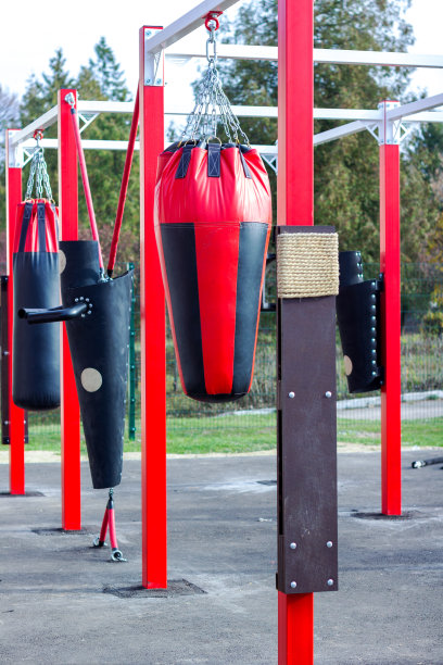 一个户外训练室的图片，里面有各种形状的武术沙袋。健康的生活方式的概念。图片下载