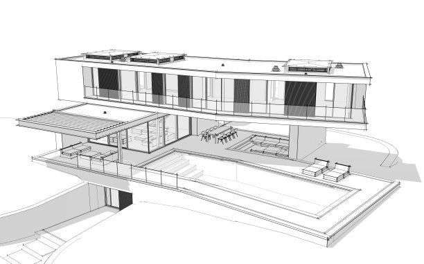 山上现代住宅的3d渲染，白色背景上有水池黑线图片下载