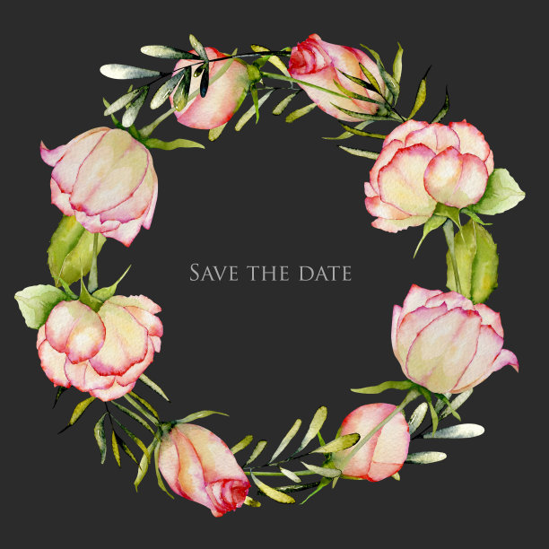 水彩玫瑰，绿色的树叶和树枝花环，手绘在一个黑暗的背景，保存日期卡片设计图片下载