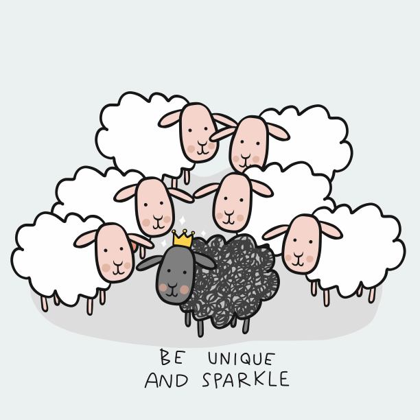 黑羊在白羊群，是独特而闪耀的卡通涂鸦矢量插图图片下载