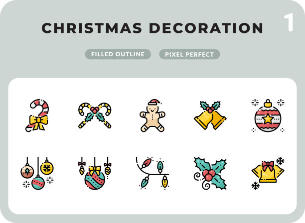 圣诞装饰填充图标包的用户界面。像素完美的细线矢量图标设置为网页设计和网站应用。图片下载
