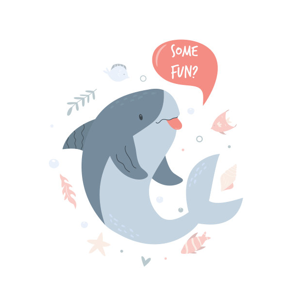 可爱的鲨鱼在海里游泳。带有可爱人物的海报。邀请函，婴儿派对，儿童卧室装饰，t恤印花图片下载