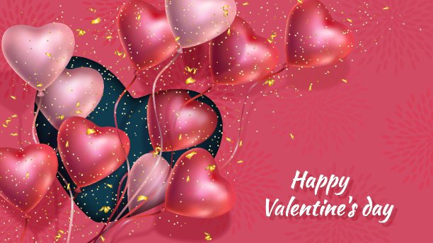 情人节快乐横幅3d红粉色心形气球，金色五彩纸屑素材图片
