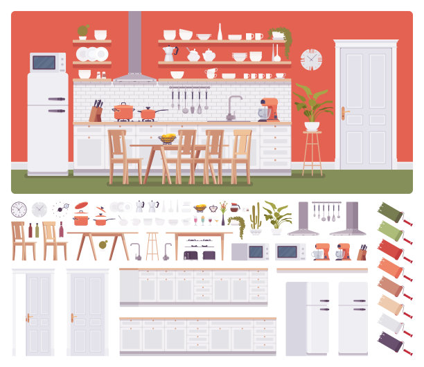 厨房古典红色内饰和设计施工集图片下载