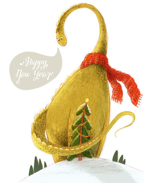 挂梁龙恐龙的插画和圣诞树。说新年快乐。适合贺卡，墙纸或印刷设计。图片下载