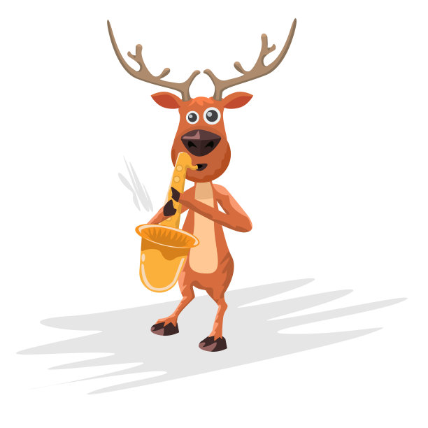 圣诞驯鹿吹萨克斯风。手绘卡通风格的鹿和乐器为您的设计。矢量插图。图片下载