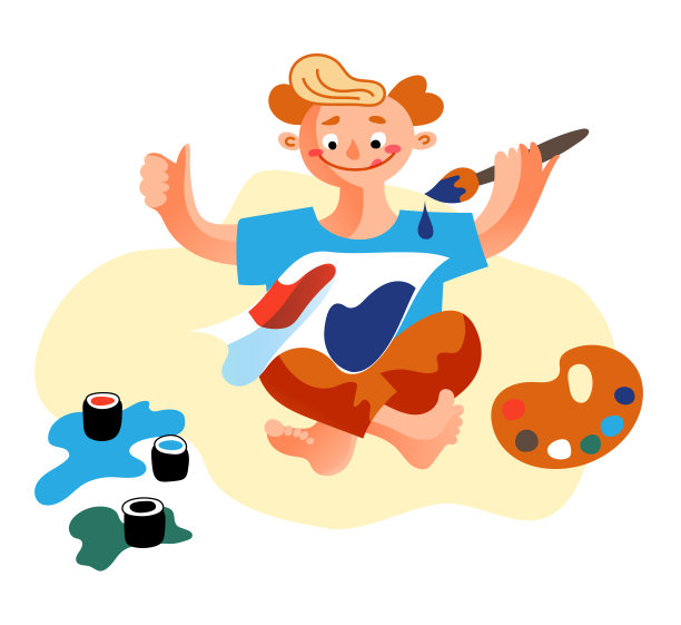 小婴儿在家里玩颜料和刷子图片下载