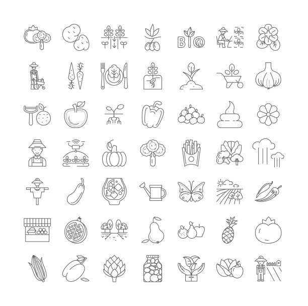 蔬菜和水果线性图标，标志，符号向量线插图集图片下载