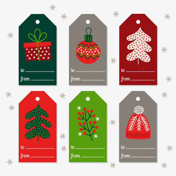 圣诞礼物标签与礼物，球，冷杉树，浆果，帽子图片下载