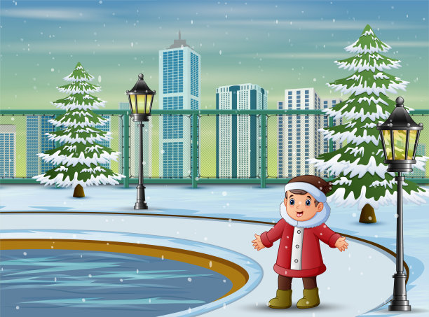 男孩穿着暖和的夹克和帽子在公园里图片下载