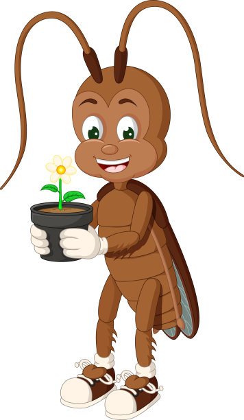 黑色花盆卡通里有趣的棕色蟑螂和向日葵图片下载