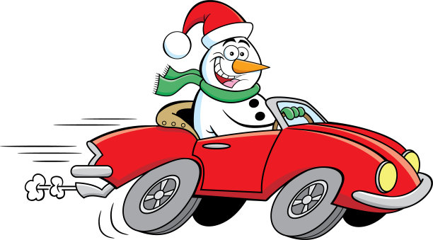 卡通快乐雪人开着跑车。图片下载