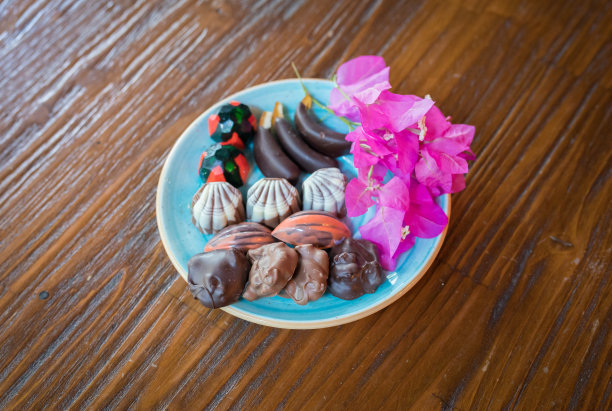 手工巧克力，干橘子，草莓水果。健康的甜点。图片下载