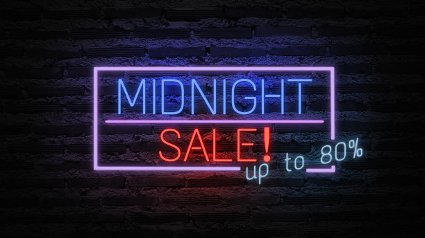 午夜特价霓虹灯挂在墙上。销售横幅闪烁霓虹招牌风格图片下载