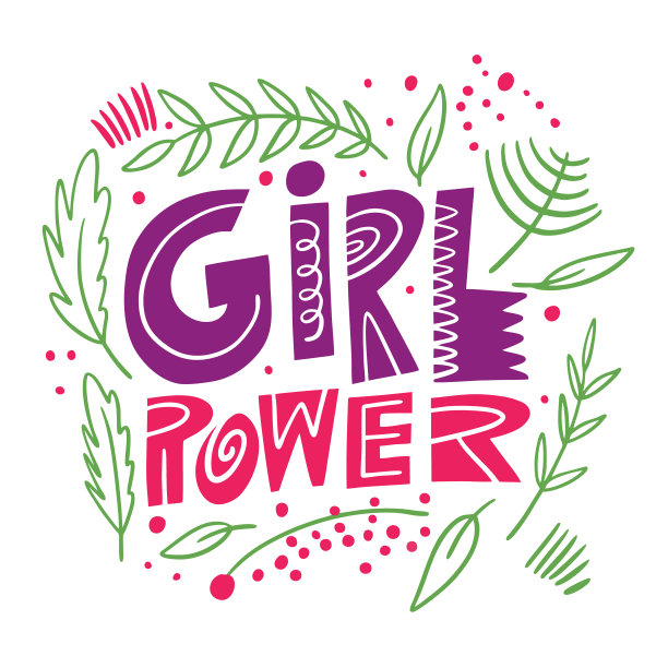 女孩的力量和卡通风格的花朵字母。女权主义概念艺术。矢量插图。图片下载