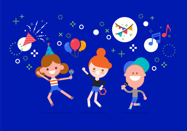 快乐的孩子们在晚会上蹦蹦跳跳。平面设计风格矢量卡通插图。图片下载