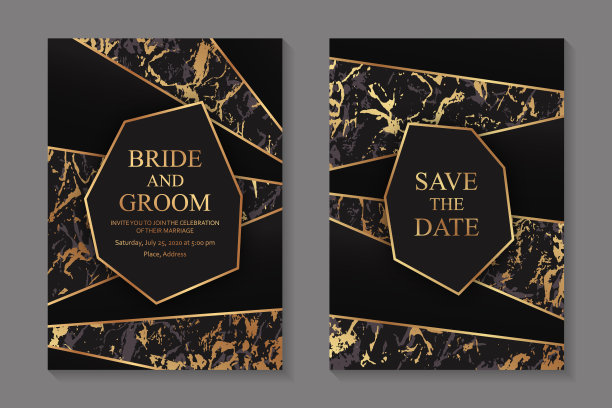 一套现代几何豪华婚礼邀请设计或名片模板的商务或演示或问候。图片下载