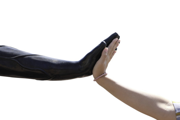 女人的手和雕像的手孤立在白色的背景。这有剪切路径。图片下载