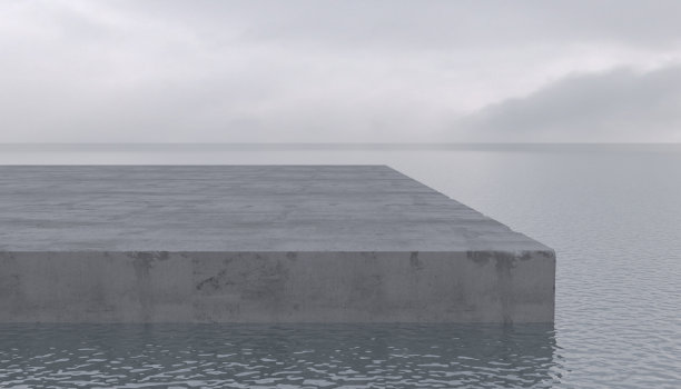 在多云天气下，大型混凝土砌块墩位于海面上。平静水面上的空旷区域、平台或讲台。概念插图与复制空间。三维渲染图片下载