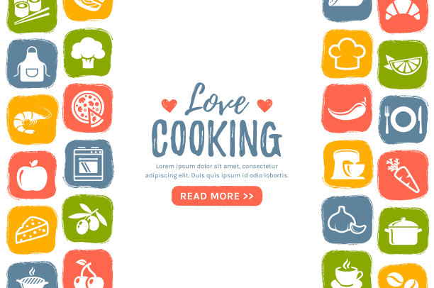 烹饪横幅与平面图标和文本的地方。向量。图片下载