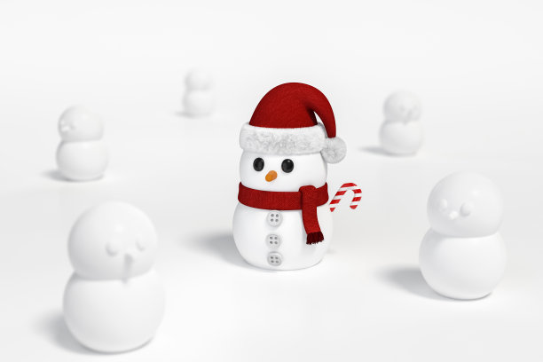 在软焦点3d渲染的许多白色雪人中突出可爱的雪人。图片下载