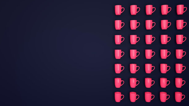3d横幅与粉红色的杯子和复制空间在深蓝色的背景。热饮料的概念。三维演示图片下载