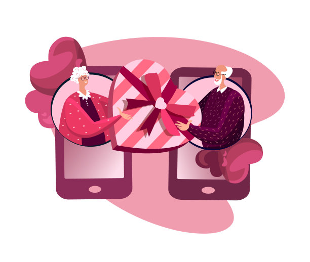 爱的浪漫夫妇老老人在手机应用送礼物祖父母圣瓦伦丁购物礼物。用智能手机在线保存节日盒子图片下载