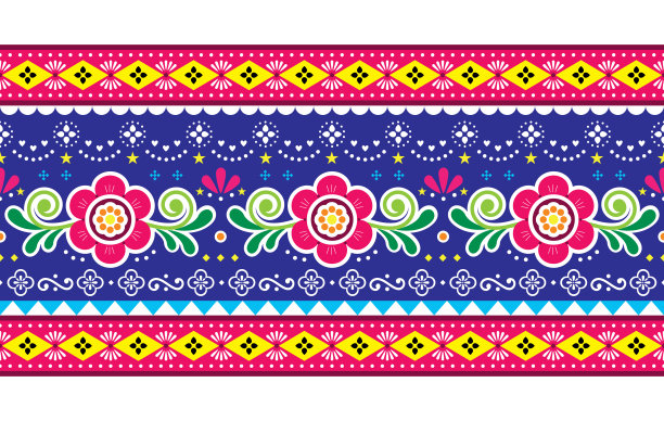 巴基斯坦卡车艺术矢量无缝图案，印度卡车花长水平设计与花，叶和抽象形状图片下载