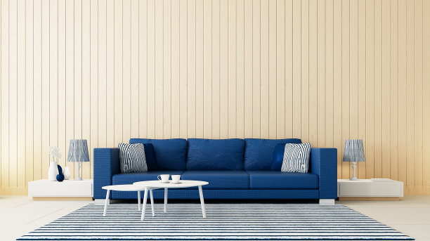 经典的蓝色墙壁客厅/ 3D渲染图片下载