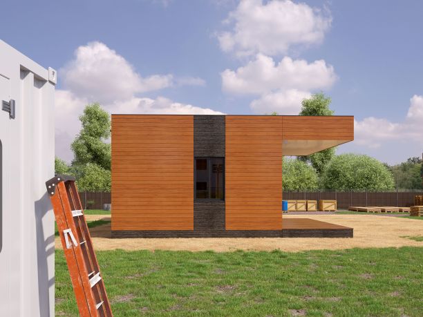 现代木屋的3d渲染图像。现代住宅的3D插图。图片下载