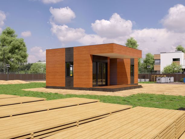 现代木屋的3d渲染图像。现代住宅的3D插图。图片下载