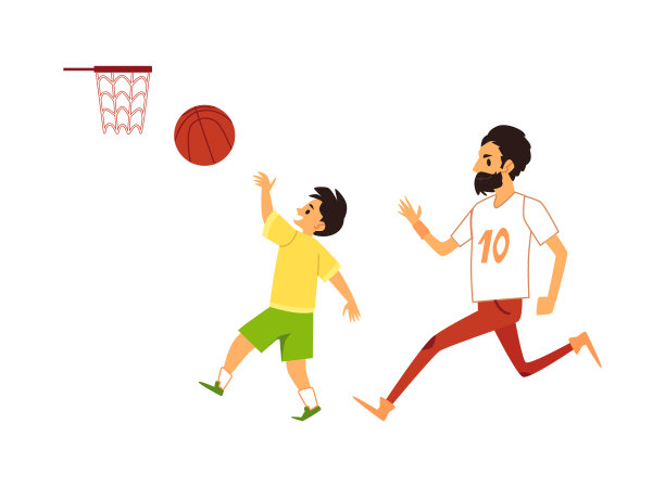 父亲和儿子打篮球平面矢量插图孤立的背景。素材图片
