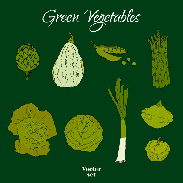 手绘绿色蔬菜图标孤立设置图片下载