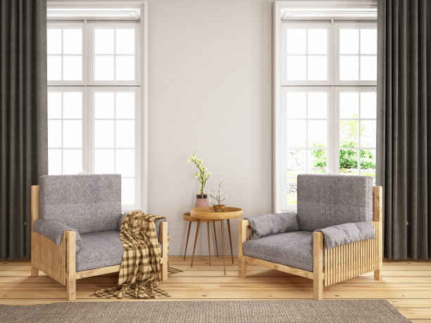 现代客厅内饰有两扇扶手椅和窗户图片下载