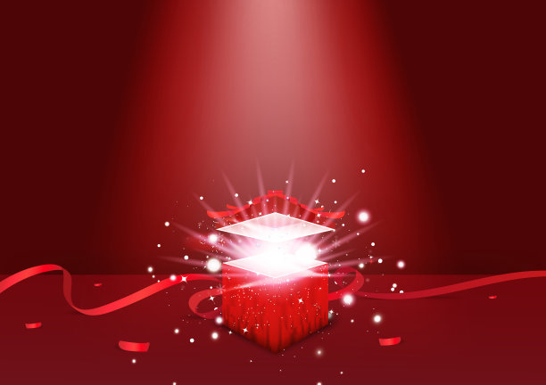神秘礼盒，地板上的彩带和五彩纸屑，红色概念，圣诞快乐，庆祝节日，贺卡邀请背景插图图片下载
