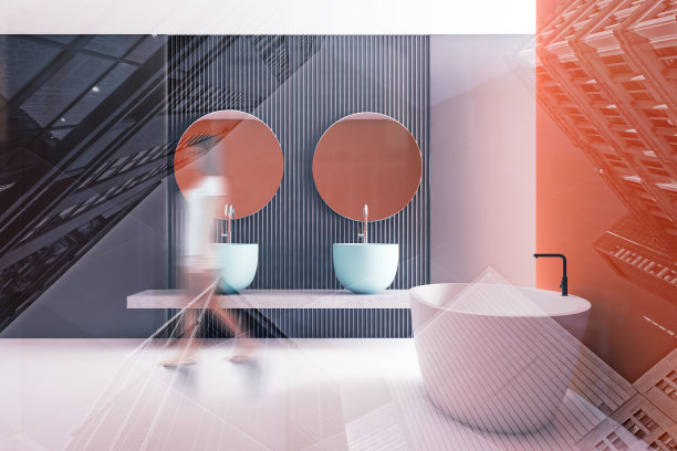 女人走在橙色和棕色的浴室里图片下载