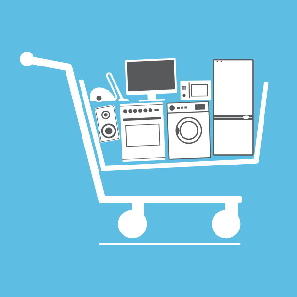 装满电子产品的购物车。购物车里装满了电子产品:电脑、吸尘器、冰箱、微波炉、炉子、立柱。图片下载