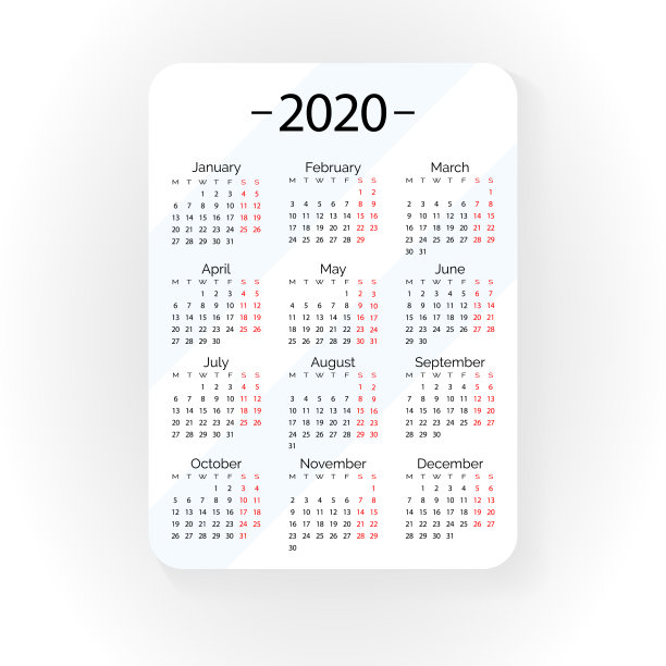 白色口袋矢量日历2020年。简约简洁的简约设计。经典网格，周从周一开始。图片下载