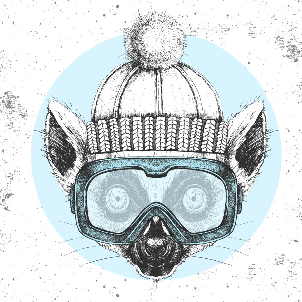 时髦的动物狐猴冬天的帽子和滑雪板护目镜。手画狐猴的口鼻图片下载