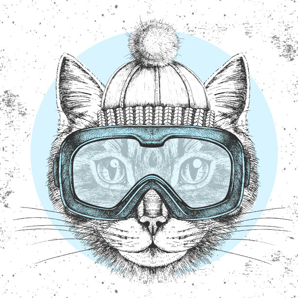 时髦的动物猫在冬天帽子和滑雪板护目镜。手绘猫嘴图片下载