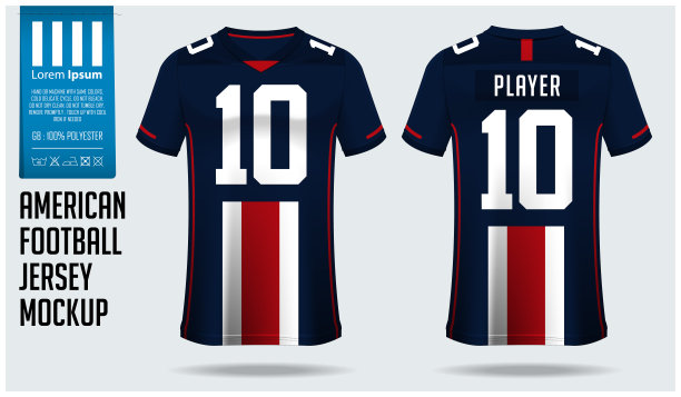 美式足球运动俱乐部球衣模型模板设计。足球运动t恤。前视图和后视图橄榄球制服。向量。图片下载