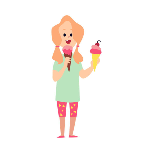快乐的女孩拿着两个冰淇淋蛋卷吃。图片下载