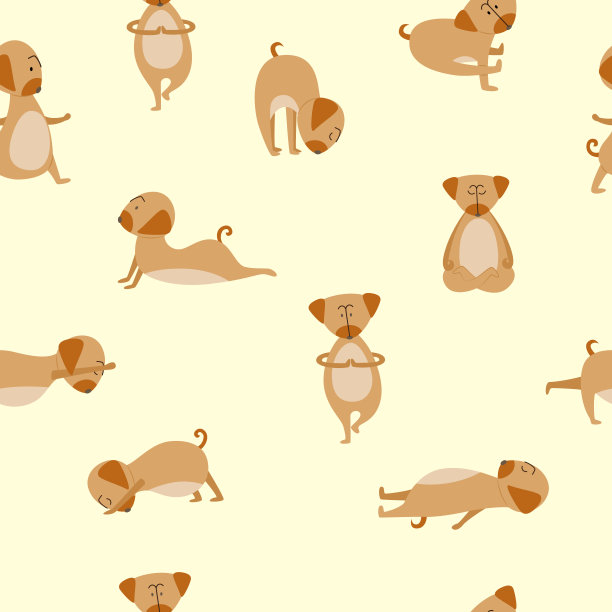 无缝模式与狗或小狗做瑜伽体式平面矢量插图。图片下载